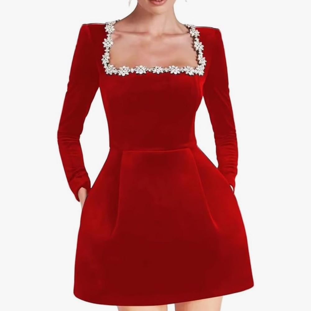 Elegant Red Long-Sleeve Velvet Dress with Embellished Square Neckline